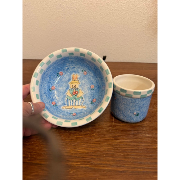 Papel Giftware Bunny Bowl & Cup Set Blue Spongeware Easter Rabbit Country Kitche - Picture 6 of 6